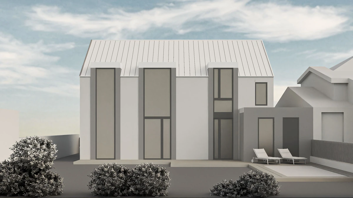 Published neutral model of a pitched-roof house with three tall glazed bays