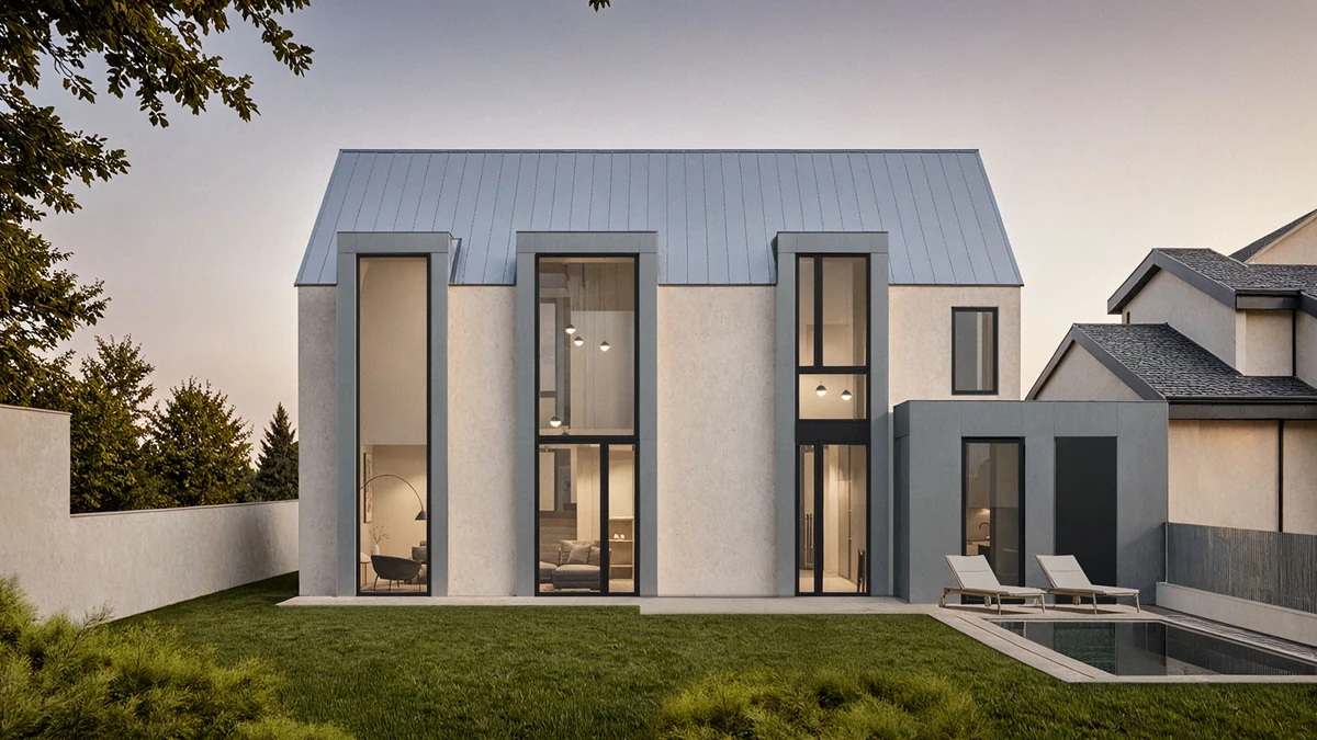 Published presentation of the same pitched-roof facade with material, interior and garden detail