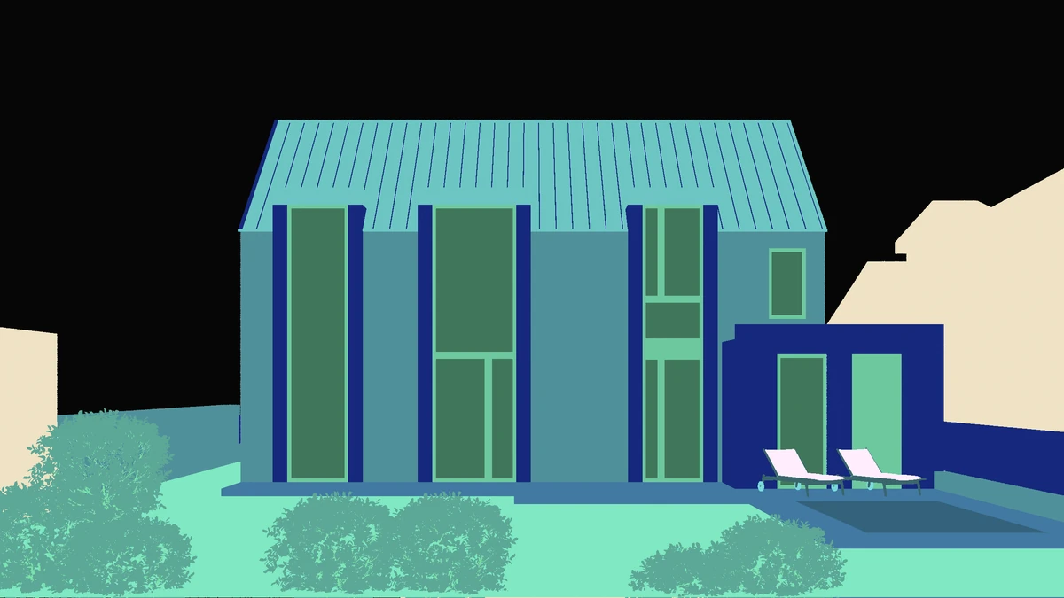 Color-coded map of the pitched-roof house separating roof, facade, glazing and landscape